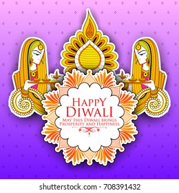 illustration of Lady burning diya on Happy Diwal Holiday background for light festival of India