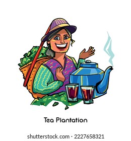 Illustration of a lady collecting tea leaves