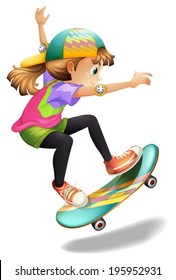 Illustration of a lady with a colorful skateboard on a white background