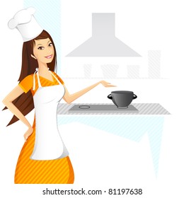 illustration of lady cooking in kitchen on abstract background