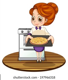 Illustration of a lady cooking a pizza on a white background