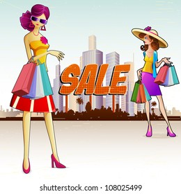 illustration of lady doing shopping in sale