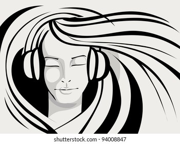 Illustration Lady Enjoying Music Line Art Stock Vector (Royalty Free ...