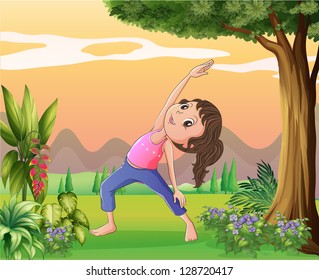 Illustration of a lady exercising near a big tree