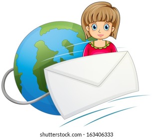 Illustration of a lady in front of the globe with a mail on a white background