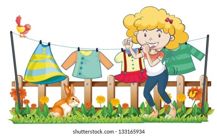 Illustration of a lady hanging her clothes in the garden near the wooden fence on a white background