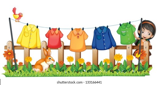 Illustration of a lady hanging her clothes in the garden with a bird and a bunny on a white background