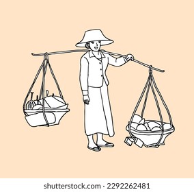 Illustration of a lady hawker is going to sell fruits in the market.