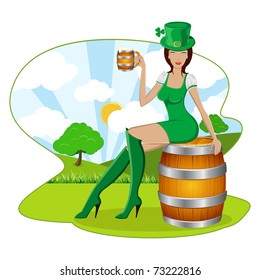 illustration of lady holding beer mug sitting on beer barrel