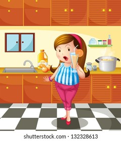 Illustration of a lady holding an orange juice inside the kitchen