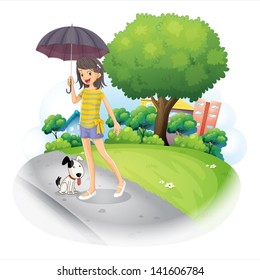 Illustration of a lady holding an umbrella with a dog along the road on a white background