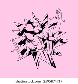 Illustration of Lady Justice with blindfold, scales, and sword. Pink background. Lady Justice symbolizes fairness and equality. Iconic justice figure. Vector illustration.