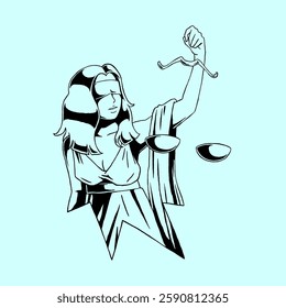 Illustration of Lady Justice, blindfolded, holding scales. Lady Justice symbolizes fairness and justice. Classic Lady Justice image in monochrome style. Vector illustration.