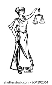 Illustration of Lady Justice holding scales and sword and wearing a blindfold in a vintage woodblock style. Eps-8.