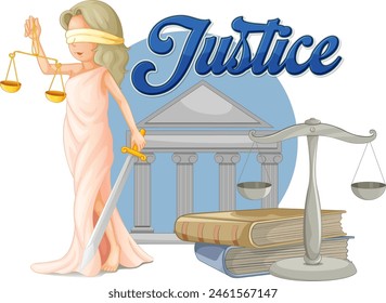 Illustration of Lady Justice, scales, and legal books