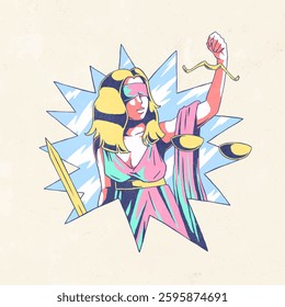 Illustration of Lady Justice, a symbol of fairness, holding scales and a sword. Lady Justice, blindfolded, represents impartiality and justice. Vibrant colors. Vector illustration.