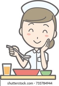 Illustration of a lady nurse wearing a white coat eating a meal