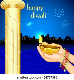 Illustration der Gebete mit brennendem Diya am Vorabend von Diwali