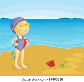 Ilustración de una dama en la playa