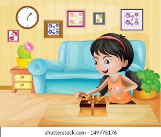 Illustration of a lady opening her gift in the living room