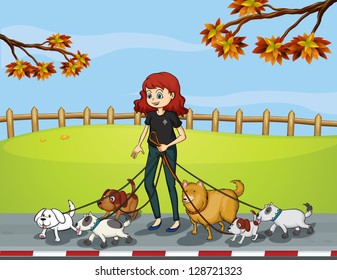 Illustration of a lady at the park strolling with her pets