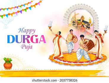 illustration of lady performing Dhunchi dance in Happy Durga Puja Subh Navratri Indian religious header banner background