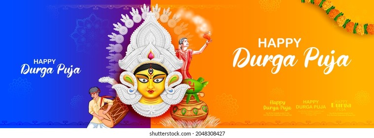 illustration of lady performing Dhunchi dance in Happy Durga Puja Subh Navratri Indian religious header banner background