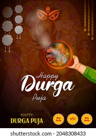illustration of lady performing Dhunchi dance in Happy Durga Puja Subh Navratri Indian religious header banner background
