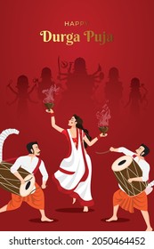 illustration of lady performing Dhunchi dance in Happy Durga Puja Subh Navratri 