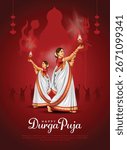 illustration of lady performing dhunuchi dance in Happy Durga Puja Subh Navratri Indian religious background design.