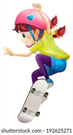 Illustration of a lady with a pink helmet skateboarding on a white background