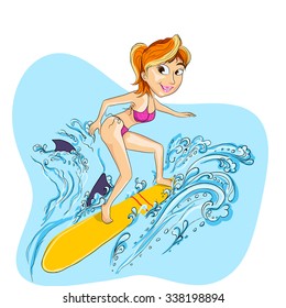 Illustration of a lady playing surfboard.