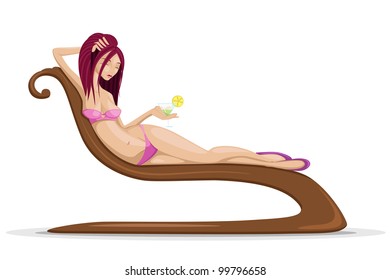 illustration of lady relaxing in beach wear with cocktail glass