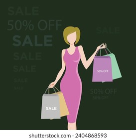 Illustration of lady with shopping bag coming from sale