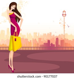 illustration of lady with shopping bag standing on street