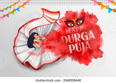 illustration of lady with Sindoor Khela (vermilion)  in Happy Durga Puja Subh Navratri Indian religious header banner background