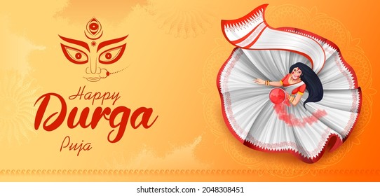 ilustración de lady with Sindoor Khela (bermellón) en Happy Durga Puja Subh Navratri Banner de cabecera religiosa india