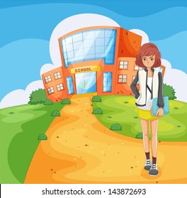 Illustration of a lady standing outside the school building