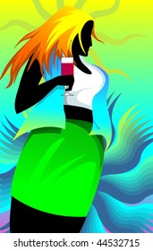 Illustration  of a lady standing  in a restaurant and drinking wine	