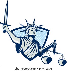 Illustration of lady statue of liberty facing front holding weighing scales of justice and sword set inside crest shield on isolated white background.