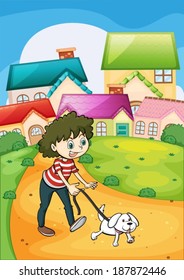 Illustration of a lady strolling with her white puppy