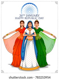 illustration of Lady in Tricolor saree of Indian flag for 26th January Happy Republic Day of India