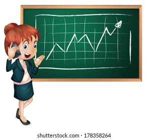 Illustration of a lady using her cellular phone in front of the blackboard on a white background