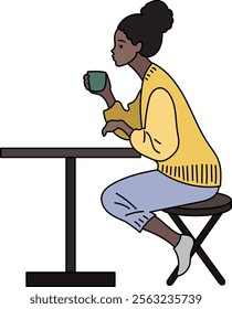 An illustration of lady who is having a tea