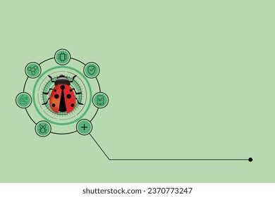 Ilustración de una ladybug (anfipoda) como símbolo de manejo integrado de plagas conectado a IoT, Investigación, protección, chips, microscopios para ilustrar el cultivo inteligente