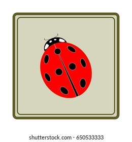  Illustration ladybug in olive square. Cute colorful sign insect symbol spring, summer, garden. Image for t shirt, apparel, card, poster. Design element. Vector illustration