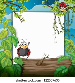 Illustration of a ladybug and a white board in a beautiful nature