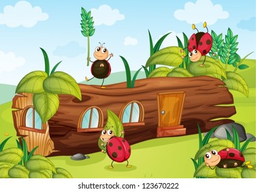 Illustration of ladybugs and a wood house in a beautiful nature