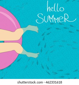 Illustration with lady's feet on a rubber ring in the sea
