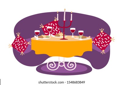 Illustration with a laid table and food. Vector table and sofa isolated on white background. The concept of the kitchen interior in yellow, red and pink flowers. Dinner, lunch, holiday in a cozy place